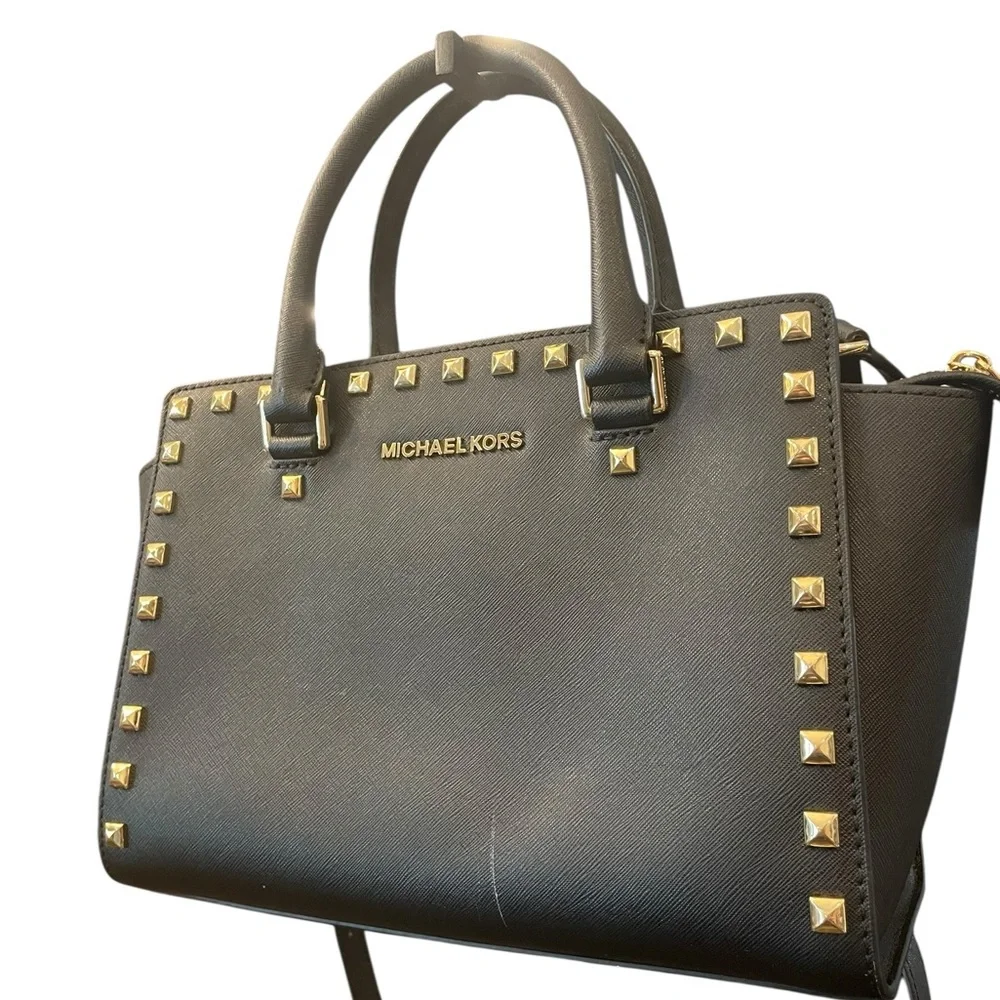 Michael Kors Black Studded Saffiano Leather‎ Satchel Crossbody Medium Purse Bag